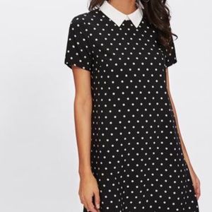 Black White Polka Dot Mini Dress with Attached White Collar - Size L/XL